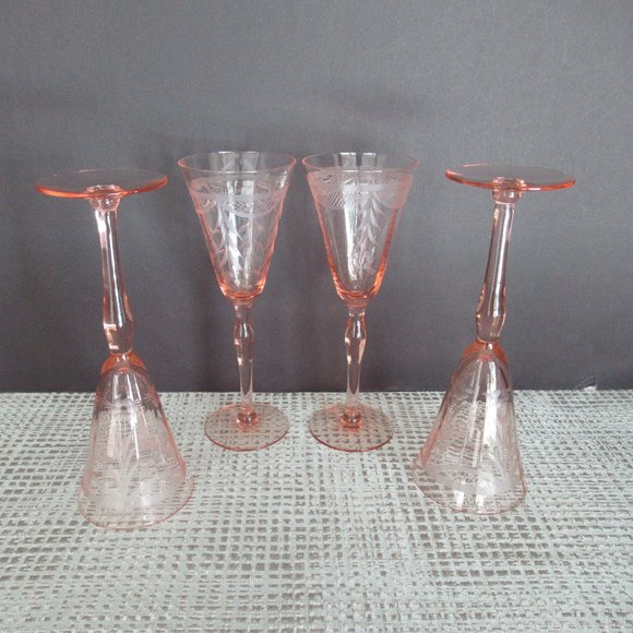 Vintage Crystal Pink Beveled Etched Wine Glasses Set of 4 - 7" Tall - Picture 4 of 14